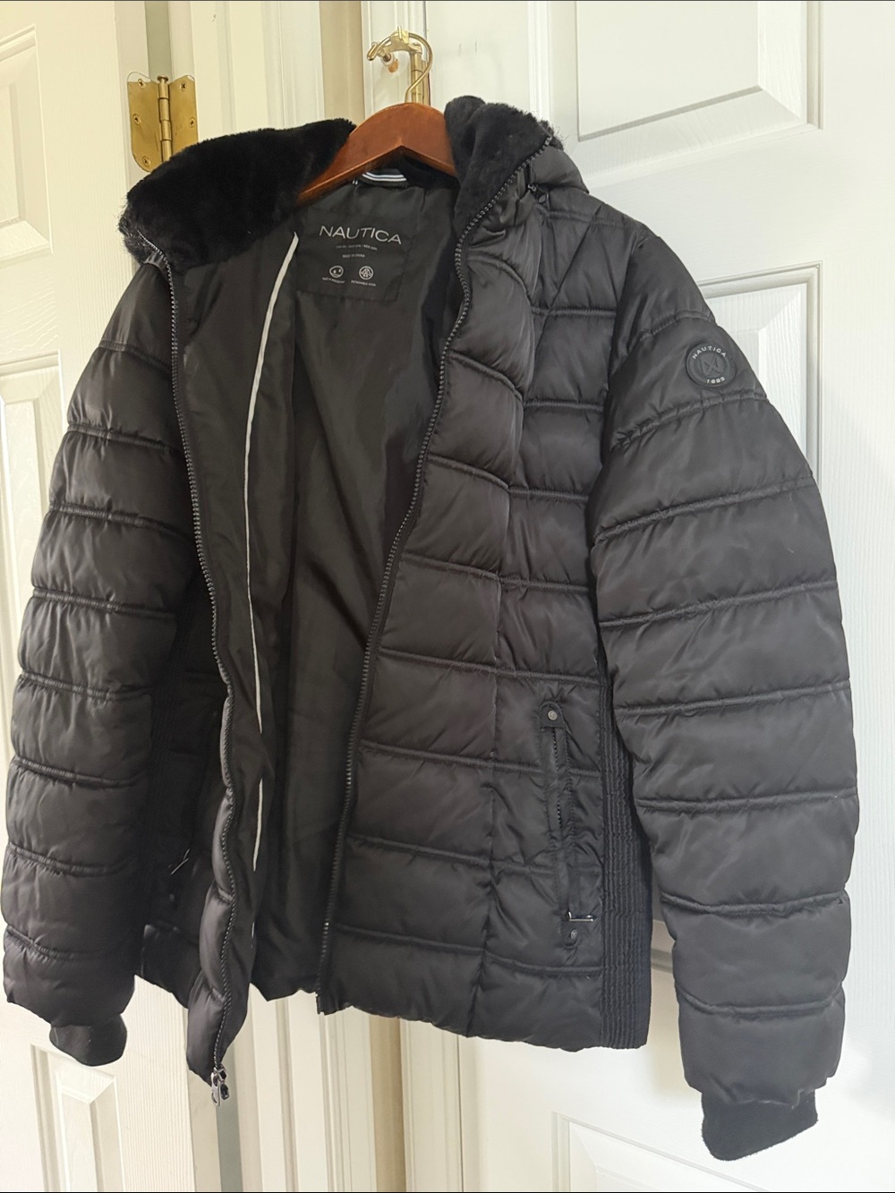 Nautica Black Quilted Puffer Jacket with Faux Fur-Trim Hood